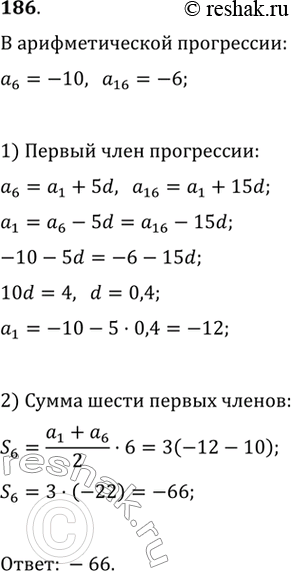 Изображение 186. Найти сумму первых шести членов арифметической прогрессии, если а6 = -10, а16 =...
