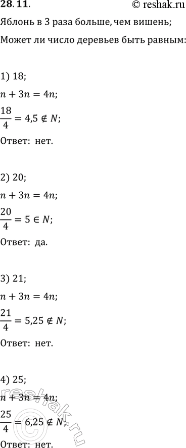 Изображение 28.11. В саду растут яблони и вишни, причём яблонь в 3 раза больше, чем вишен. Какому из приведённых чисел может быть равным общее количество деревьев в саду?1) 18;  ...