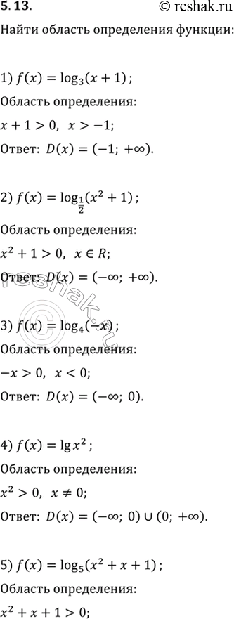 Изображение 5.13. Найдите область определения функции:1) f(x)=log_3 (x+1);   5) f(x)=log_5 (x^2+x+1);2) f(x)=log_(1/2) (x^2+1);   6) f(x)=log_0,6 (5x-6-x^2);3) f(x)=log_4...