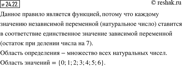 Изображение 24.22. Рассмотрим правило, по которому каждому натуральному числу поставили в соответствие остаток при делении его на 7. Является ли это правило функцией? В случае...