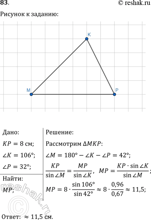 Изображение 83. В треугольнике МКР известно, что КР=8 см, угол К=106°, угол P=32°. Найдите сторону...