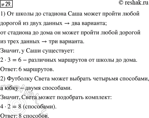 Изображение 29. Комбинируем. 1) Саша по пути из школы домой каждый день заходит на стадион. От школы до стадиона ведут две разные дороги, а от стадиона до дома — 3 дороги. Сколько у...