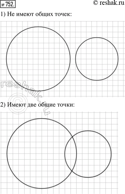 Изображение 752. Начертить окружность радиуса 3 см и окружность радиуса 2 см так, чтобы они: 1) не имели общих точек; 2) имели две общие точки (пересекались); 3) имели одну общую...