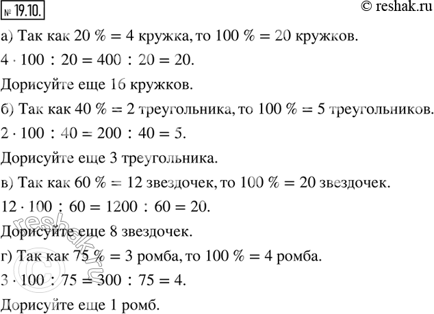 Изображение 19.10. Изображена указанная часть фигур. Дополните рисунок так, чтобы получилось 100 % фигур. а) 20 %;   в) 60 %; б) 40 %;   г) 75...