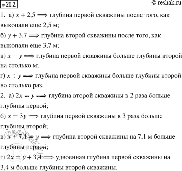 Изображение 20.2. Глубина первой скважины x м, а второй - y м.1. Расшифруйте выражение:а) x+2,5;  б) y+3,7;  в) x-y;  г) x:y. 2. Расшифруйте равенство:а) 2x=y;   б) x=3y;  ...