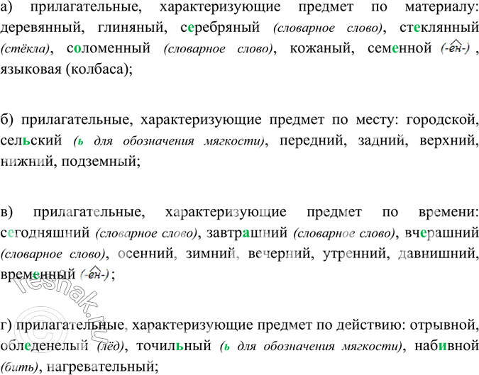 Изображение Сгруппируйте относительные прилагательные, характеризующие предмет: а) по материалу; 6) по месту; в) по времени; г) по действию.Сегодняшний (сл.слово), завтрашний,...
