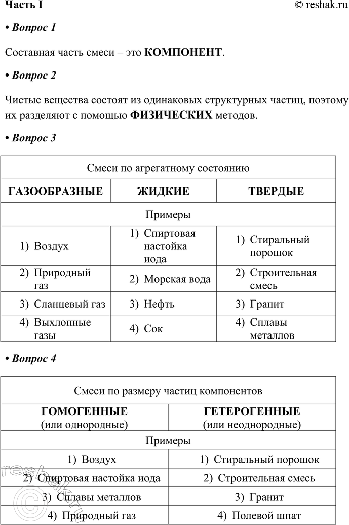Изображение § 4. Физические явления — основа разделения смесей в химииЧасть I1. Составная часть смеси — это __КОМПОНЕНТ.2. Чистые вещества состоят из одинаковых...